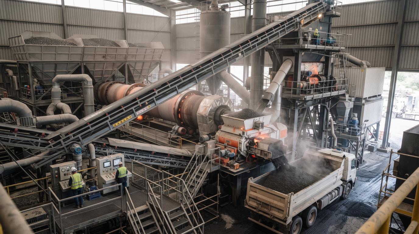 Asphalt plant measuring, heating, and mixing paving materials