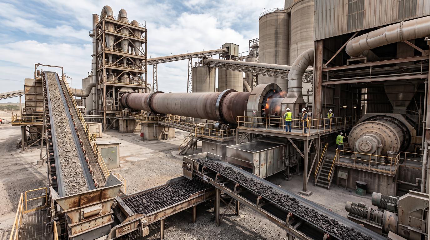 Cement manufacturing process using limestone and industrial processing equipment