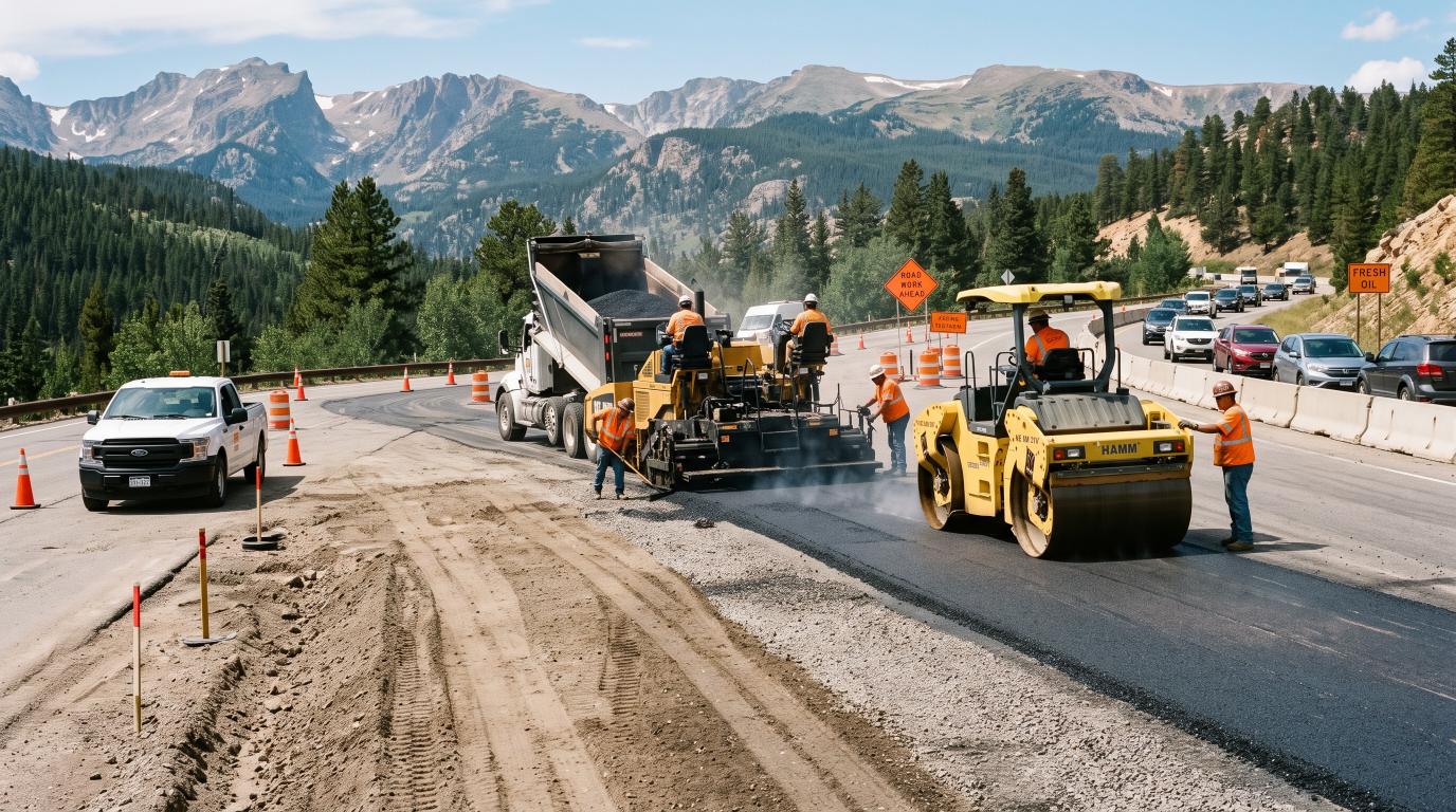 Asphalt paving equipment constructing a new pavement surface