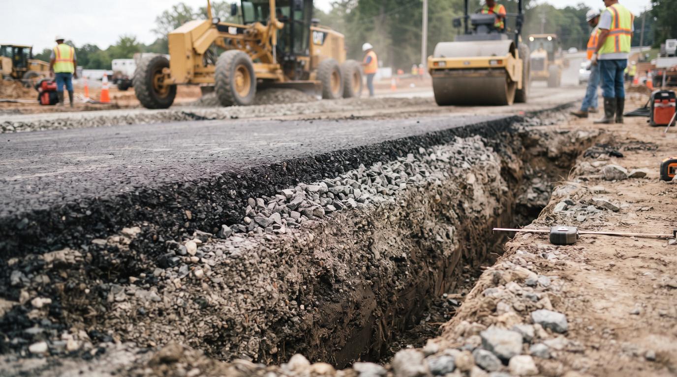 Pavement layers showing compacted soil, aggregate base, and asphalt surface at a construction site