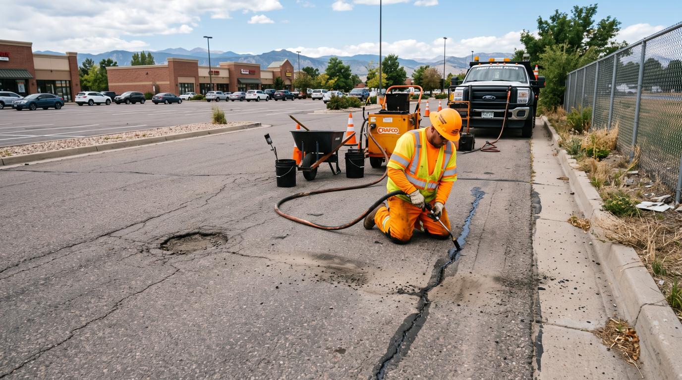 Worker inspecting cracks and potholes on asphalt pavement