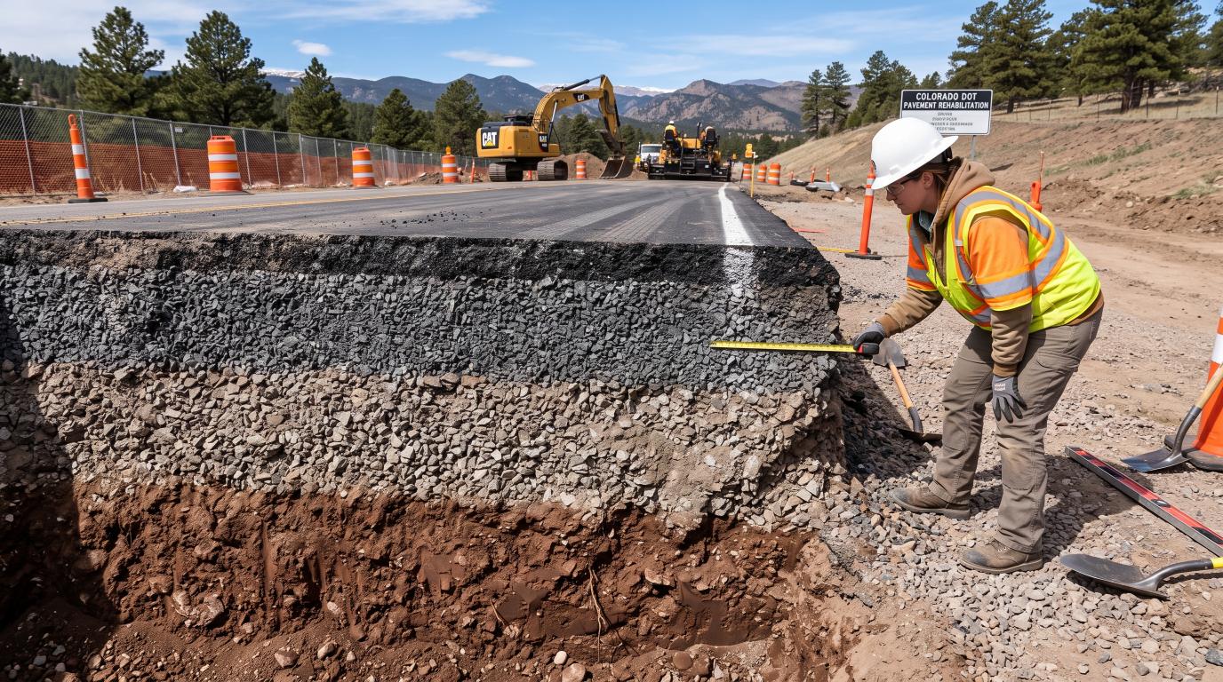 Exposed pavement layers showing subgrade base and asphalt surface