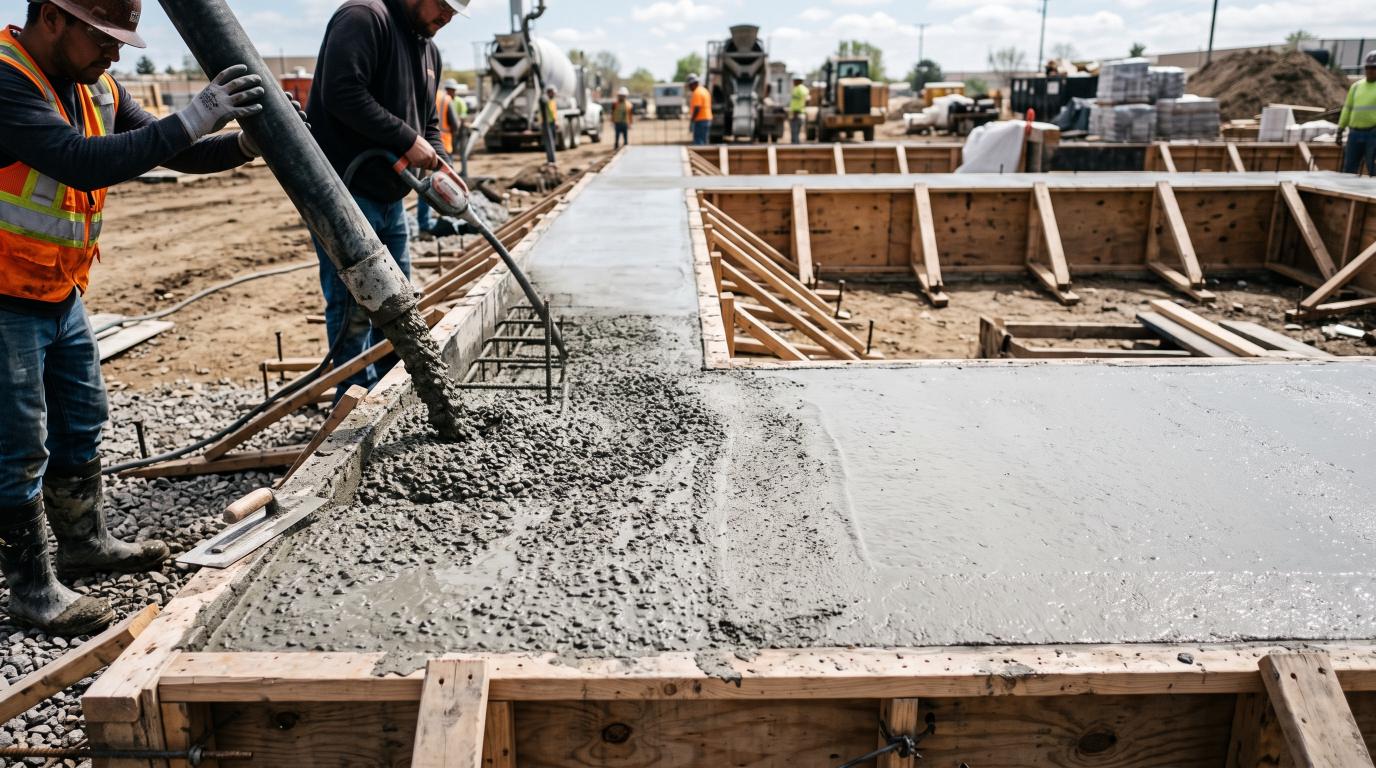 Fresh concrete hardening as cement reacts with water during hydration