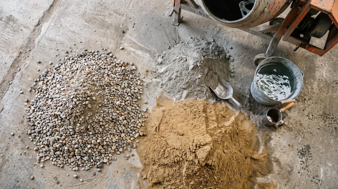 Cement, water, sand, and aggregate used to make concrete
