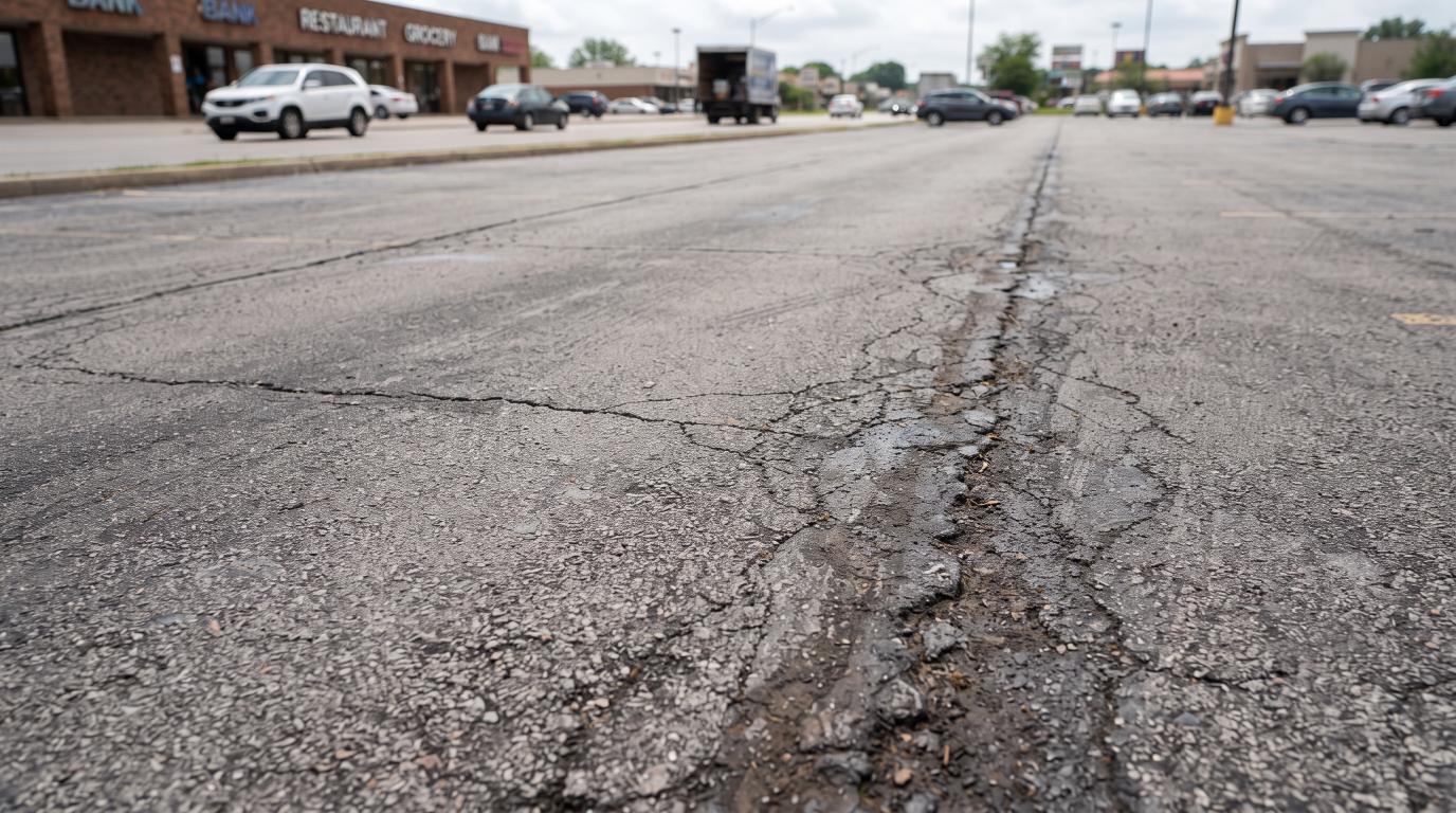 Cracks and deterioration in aging asphalt pavement